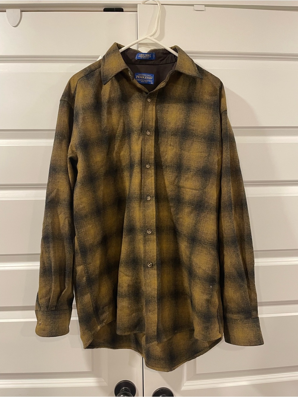 Pendleton Men's Yellow and Black Plaid Wool Button-Down Shirt Large Wool
